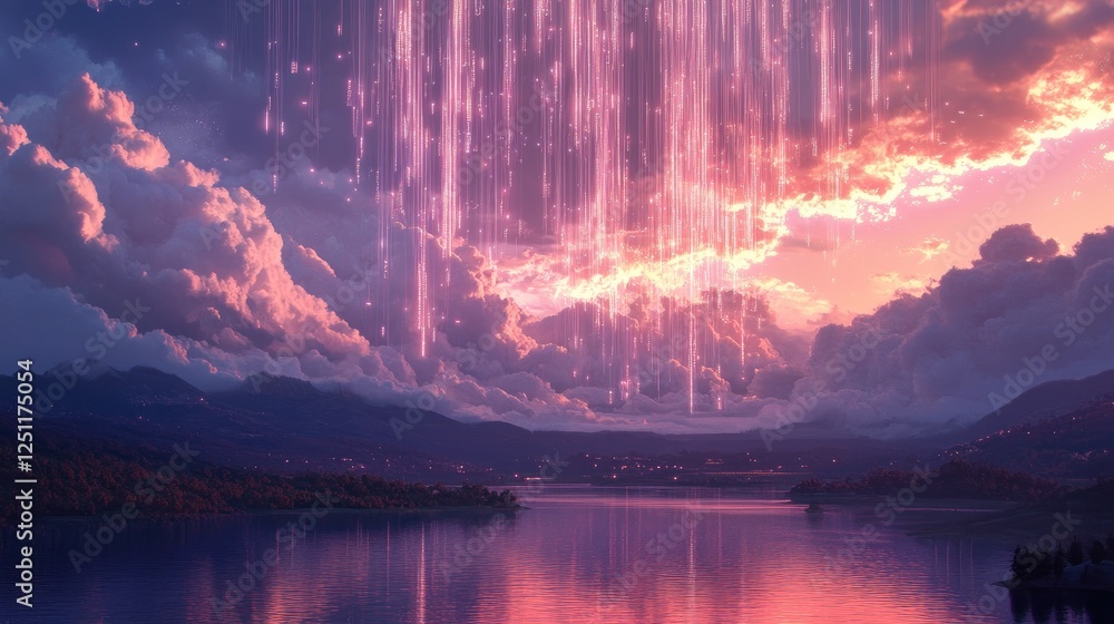 Poster data lakes and cloud processing with futuristic glowing data streams.