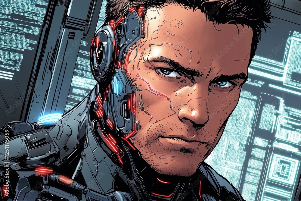 Poster A vivid depiction of a man with AI features, merging human and machine traits in a futuristic environment