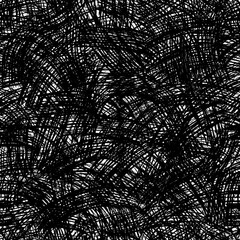 Seamless pattern of chaotic black lines on a white background, dynamic and abstract scribble-like texture. The overlapping strokes, energetic and artistic feel, illustration for textile, wallpaper