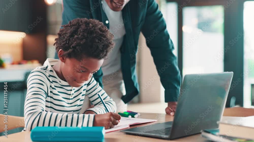 Poster Homework, laptop and child in home with dad for online learning, school project and virtual lesson. Black family, happy and father help young boy on computer for assessment, education and knowledge