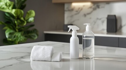 Disinfectant sprays and antibacterial wipes set on a modern kitchen countertop.