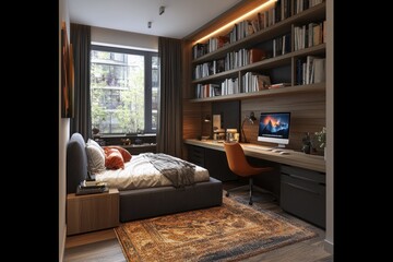 A well-designed student room showcases a comfortable bed, an organized workspace, and ample storage, illuminated by natural light from the window