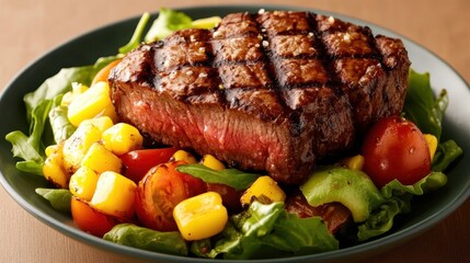 A hearty plate showcasing a juicy grilled steak atop a fresh salad of mixed greens, vibrant tomatoes, and sweet corn, appealing to both taste and aesthetic pleasure.