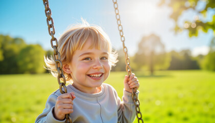 Cheerful child swinging joyfully in sunny park, childhood happiness