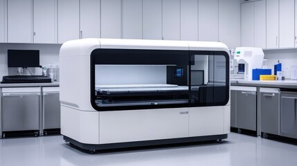 Fototapeta premium DNA sequencing machine processing genetic data in a sterile lab.