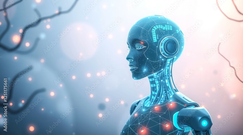 Poster a woman with a robotic face is standing in front of a blurry background. concept of futuristic techn