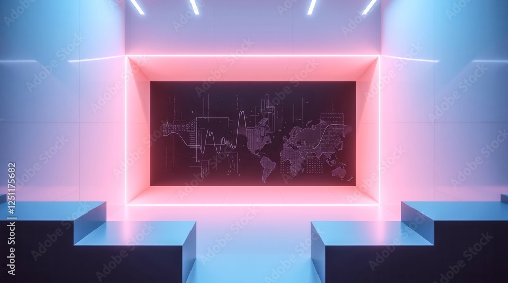 Poster a neon colored room with a large screen showing a map of the world. the room is designed to look fut