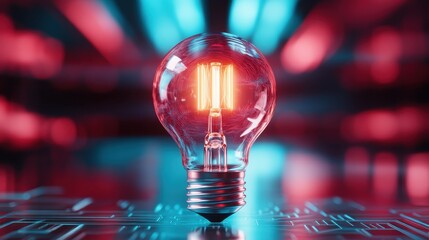 A strikingly illuminated light bulb with a red and blue glow, showcasing a blend of technology and creativity, representing innovation and bright ideas.