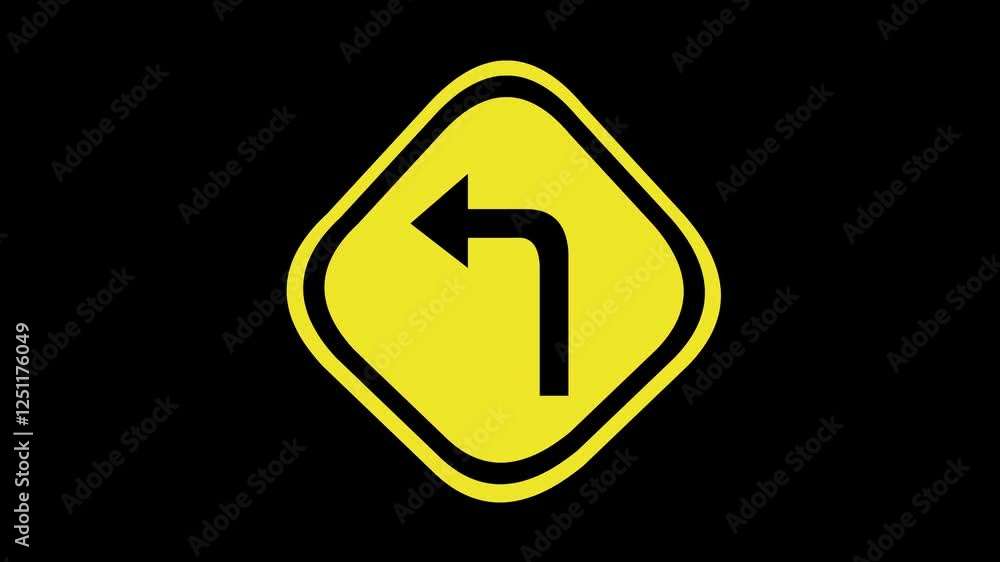 Poster video animation traffic signage to turn left symbol, on a transparent background with alpha channel 