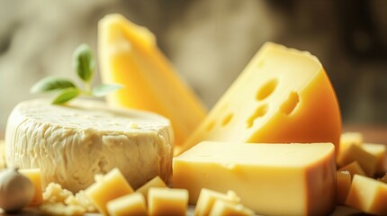 A close up of a variety of cheeses, including a wedge of brie, a wedge of cheddar, and a wedge of mozzarella