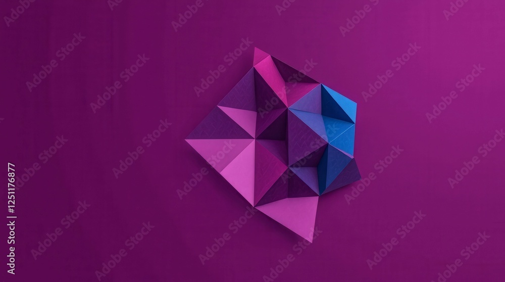Poster a purple background with a blue and pink triangle. the triangle is made of paper and has a 3d effect