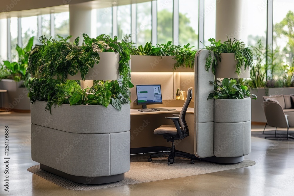 Poster this modern workstation showcases a unique design with abundant greenery, creating a fresh, inviting