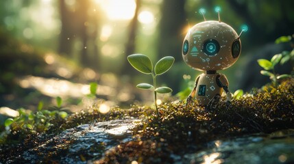 Cute robot watching a sprout in a forest. Use Stock photo