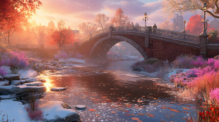 Serene winter sunset scene; snow-dusted bridge over tranquil stream, autumnal foliage, soft light.
