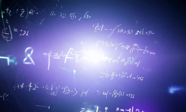 A close-up of a blackboard covered in handwritten mathematical equations. The camera pans across the board, revealing complex formulas and symbols. A bright light shines in the center of the