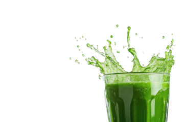 Bright green vegetable juice splashes out of a clear glass, emphasizing its fresh ingredients and vibrant look on a clean white background