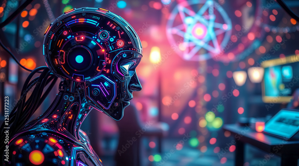 Poster a robot with glowing eyes stands in front of a glowing star. the robot is surrounded by a colorful, 