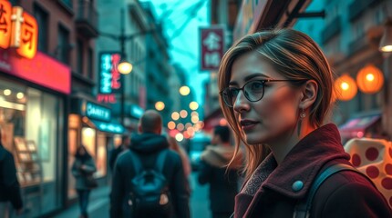 Fototapeta premium A woman wearing glasses stands in a busy city street. She is looking at the camera. The street is filled with people and there are many signs on the buildings. The scene is bustling and lively