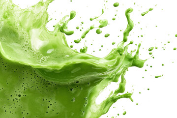 Bright green vegetable juice splashes dynamically against a white background, perfect for promoting health and wellness efforts