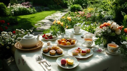 Romantic garden tea party with Easterthemed treats, floral teacups, and a table covered in fresh blossoms