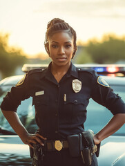 Black Woman Police Officer Stands Confidently in Front of Patrol Car During Sunset in Urban Setting