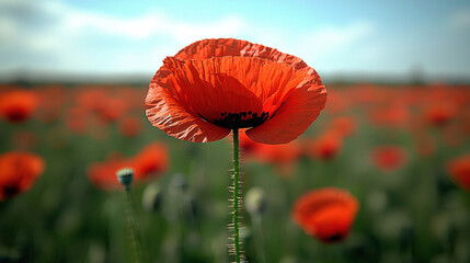 Naklejka premium Single red poppy in field, sunny day, blurred background, floral nature image
