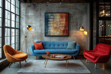 Fototapeta premium A vibrant living room showcases a blue sofa, red chair, and orange armchair, illuminated by warm lighting against a rustic wall