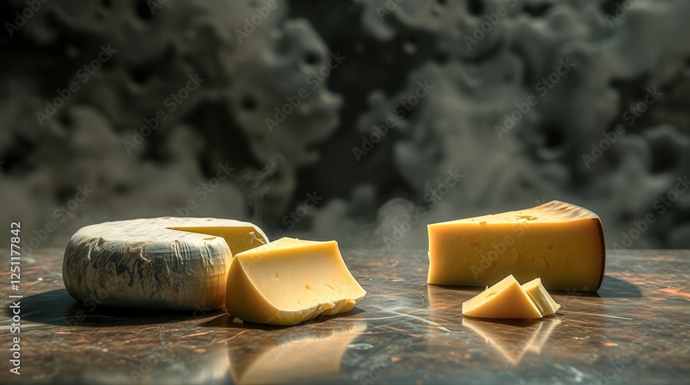 Poster a close up of a piece of cheese with a slice missing. the cheese is sitting on a table next to a pie