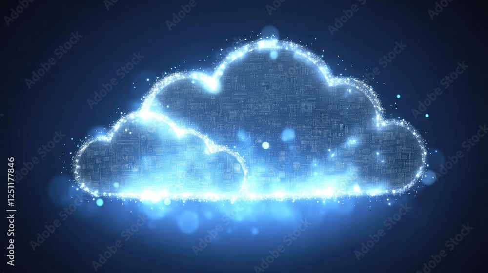 Poster futuristic cloud-based analytics system with glowing data points.