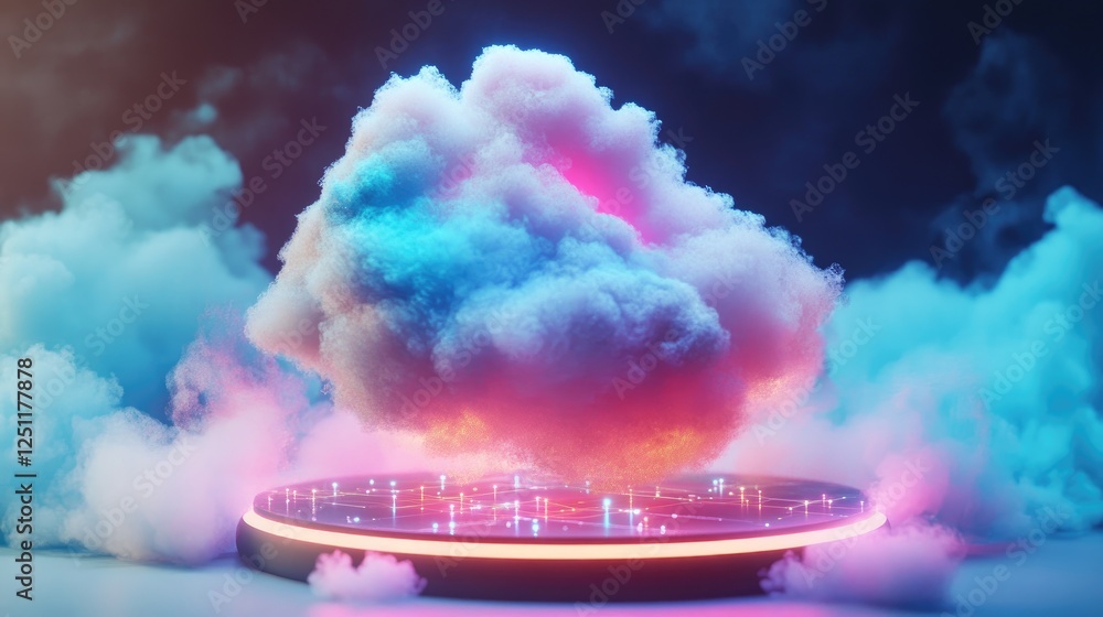 Poster futuristic cloud-based analytics system with glowing data points.