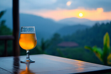 山の中のカフェで飲むビール　Generated image