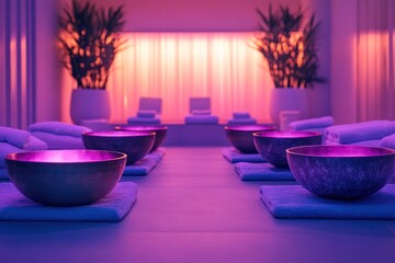 Discover serenity in a beautifully designed spa featuring sound therapy bowls, soft lighting, and plush towels creating a peaceful atmosphere