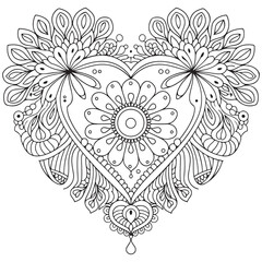 Mehndi flower pattern in form of heart for Henna drawing and tattoo. Decoration in ethnic oriental, Indian style. Coloring book page.