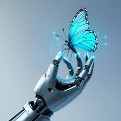 Butterfly standing on robot hand, Futuristic Technology and Science concept/ Robotic hand with butterfly