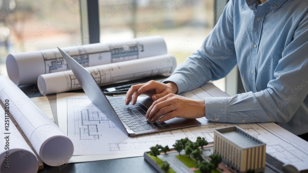 Poster architect working on laptop with blueprints and building model