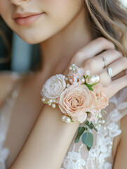 Close-up View of Quinceanera Girl Showcasing Beautiful Floral Wrist Corsage and Elegant Attire