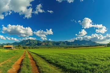 Lush Green Cuban Field Rural Landscape With Mountains