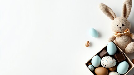 Obraz premium an Easterthemed gift box filled with chocolates, decorated eggs, and a bunny plush toy, festive and sweet, isolated on white background