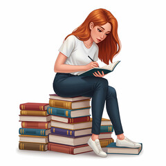 girl writing in a notebook, sitting on a pile of books. White background