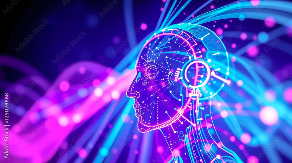 Poster a colorful, abstract image of a head with a face and a pair of headphones. the image is a representa