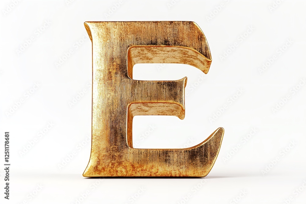 Fototapete the fresh brushed gold serif typeface used to create the 3d letter e is isolated on a white backdrop