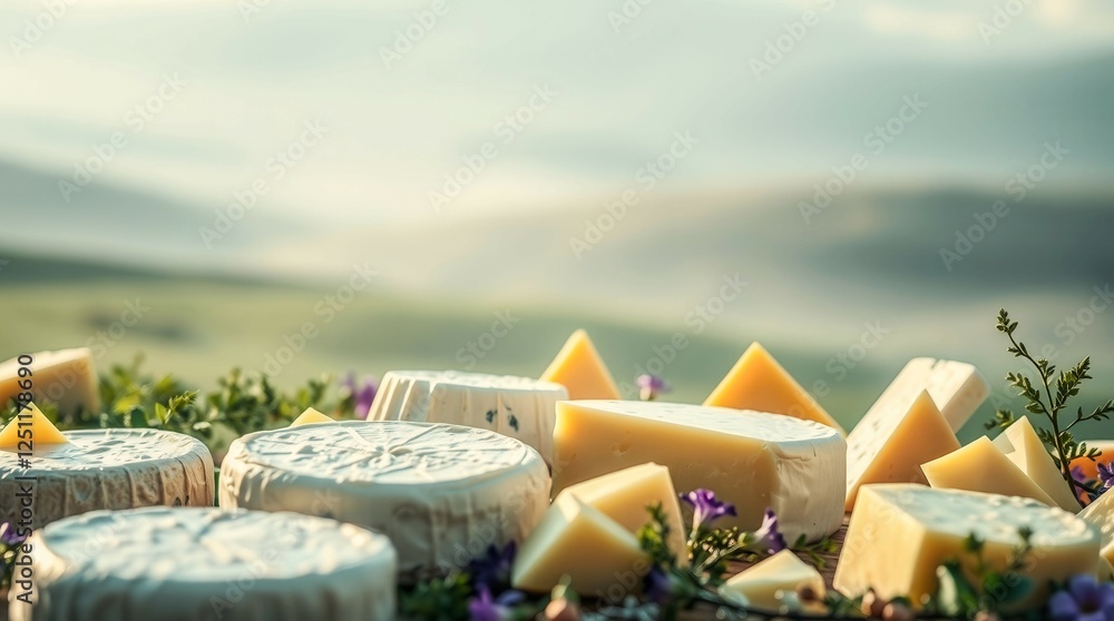 Poster a variety of cheeses are displayed on a wooden table, with some of them being sliced. the cheeses ar