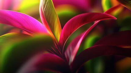 Obraz premium Vibrant tropical plant leaves closeup, garden background, nature wallpaper