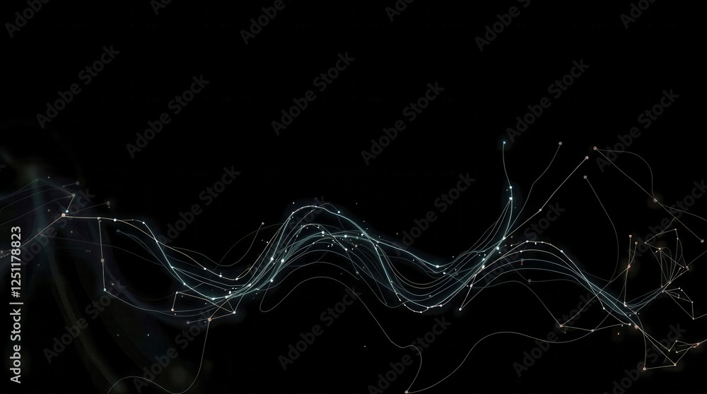 Poster a black background with a long, wavy line of light. the line of light is made up of many small dots,