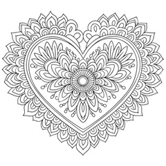 Mehndi flower pattern in form of heart for Henna drawing and tattoo. Decoration in ethnic oriental, Indian style. Coloring book page.
