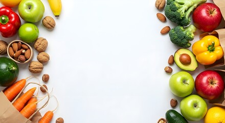 Paper bags filled with fresh fruits, vegetables and nuts scattered on a white background