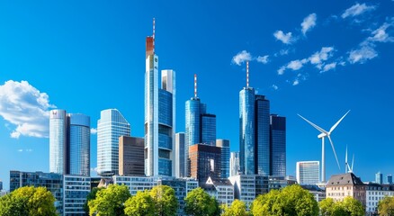 Modern Skyscrapers and Wind Turbines in Frankfurt Germany Urban Landscape Bright Daylight