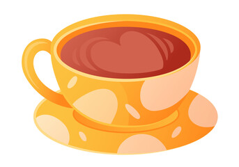 Yellow coffee cup and hot coffee drink.Can symbolize different types of drinks. Espresso, American cup, cappuccino and latte in bright mug. Vector flat illustration isolated on white background