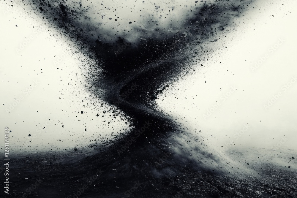 Poster swirling particles form a chaotic funnel shape, showcasing dynamic energy and motion in an abstract,