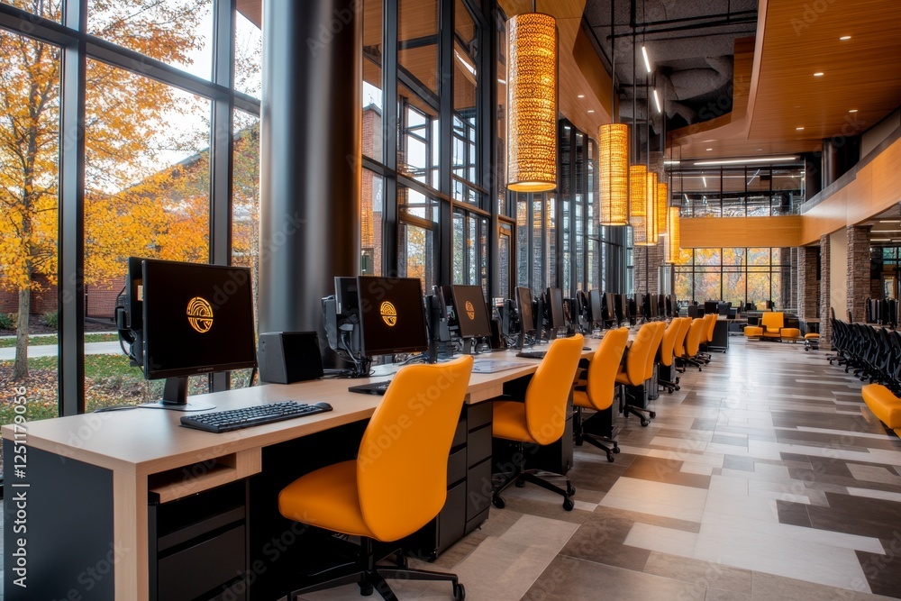 Poster A modern computer center with rows of high-performance desktop computers, large monitors, and ergonomic chairs